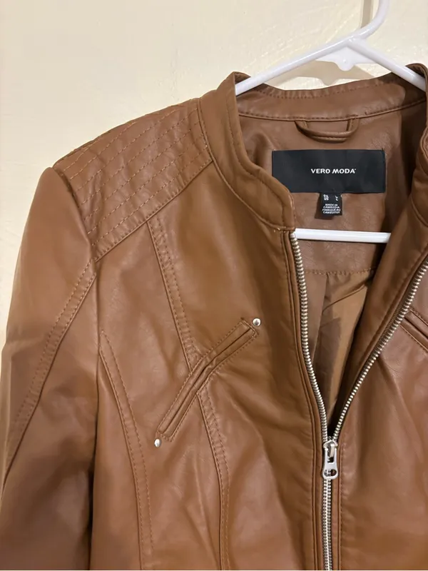 Vero Moda Cognac Faux Leather Moto Jacket L Quilted Zip - Image 6