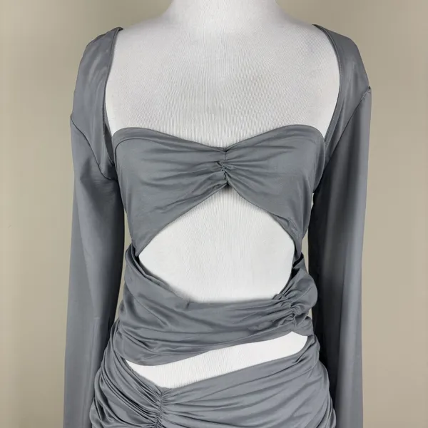 House‎ of CB Mini Dress Womens L+ 10/12 Camille Grey Silk Cutout Ruched Sexy - Image 4
