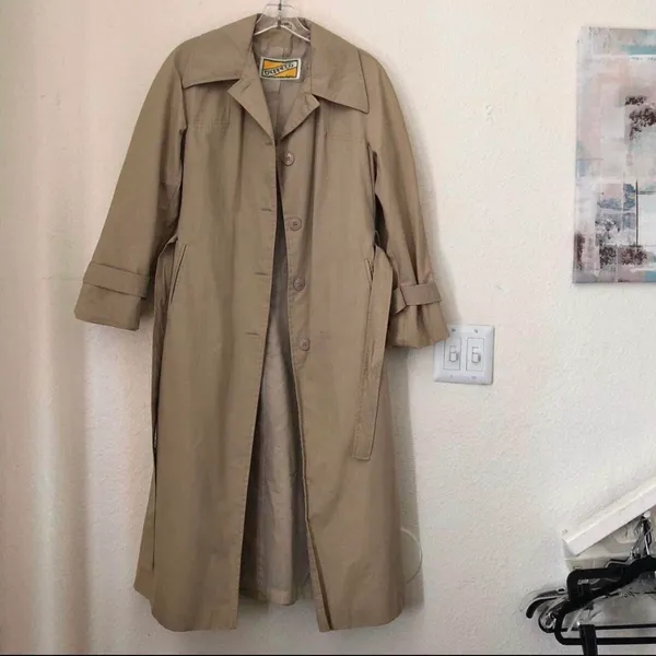 Vintage 90s Beige Tan Khaki Trench Coat English Preppy Minimalist Streetwear Old Money Quiet Luxury Jacket belted. Great condition Women 7/8 Measurement in pics , Length:44” - Image 2
