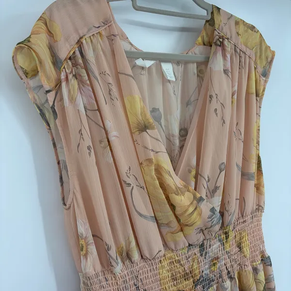 H&M Maxi Chiffon Dress Sz 10 Peach Cottage Boho Romantic Coquette Smock Floral - Image 6
