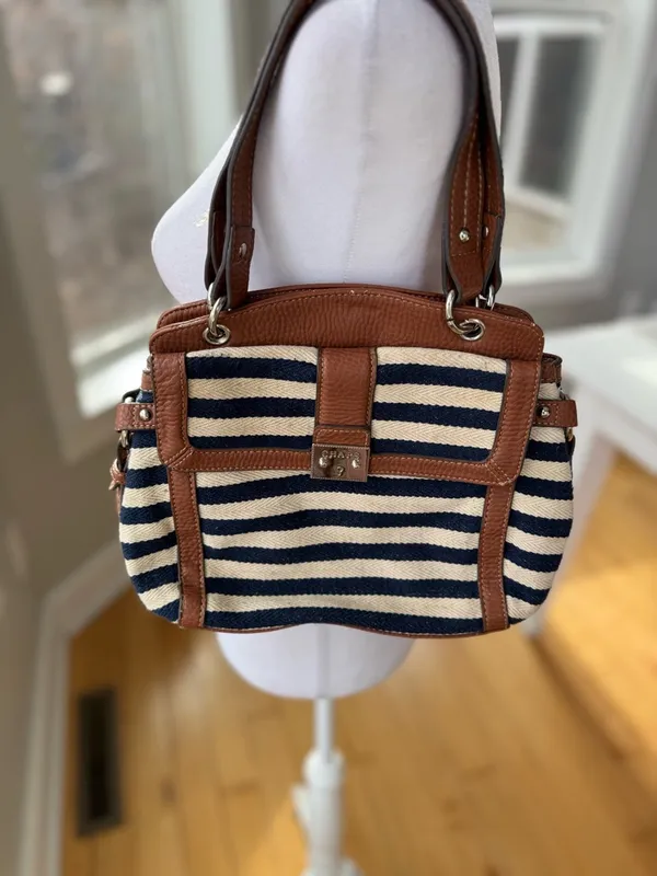 Vintage Chaps Navy Blue and Ivory Striped Shoulder Bag Purse - Image 9