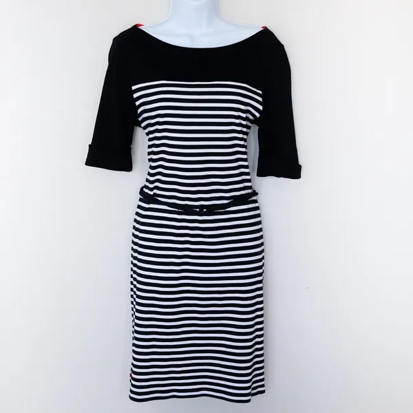 Lauren Ralph Lauren Sheath‎ Dress Women Size L Black White Striped Belted Cotton - Image 2