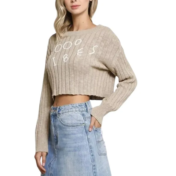 “Good Vibes” Rib Knit Crop Long Sleeve Sweater Tan Size Medium‎ - Image 8