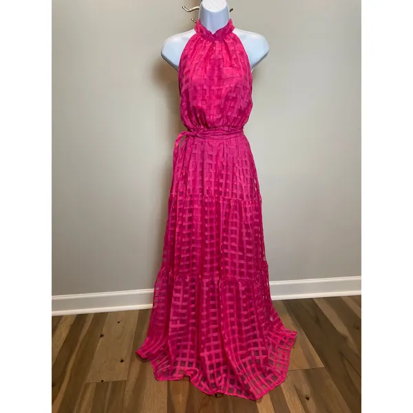ChicWish Pink Dress with Solid & Sheer Checkered Overlay Halter Ruffle Neck Sz M - Image 12