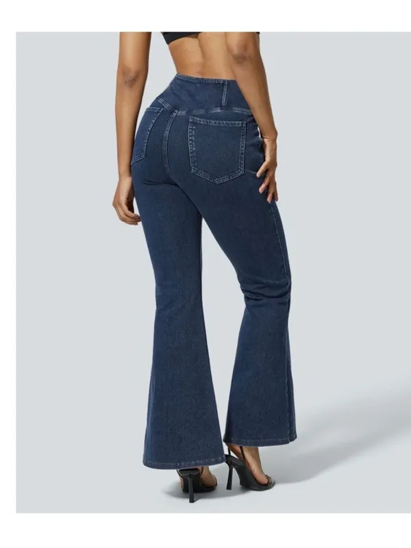 Halara large Womens Dark Wash Denim Criss Cross Waist Flare Jeans Size L - Image 2