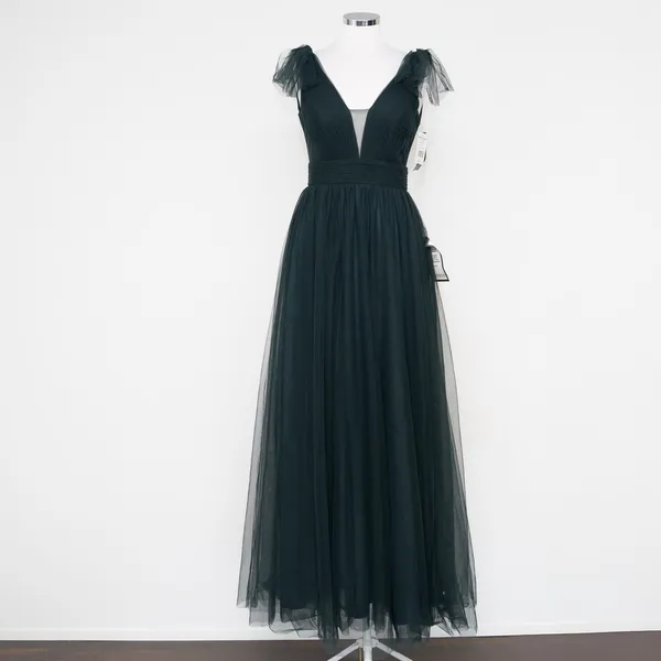 Betsy & Adam‎ - Hunter Green V-Neck Sleeveless Tulle Gown - Image 2