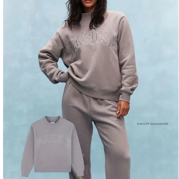 PARKE Monochrome Varsity Mockneck Sweatshirt in Stone Gray New - Image 2