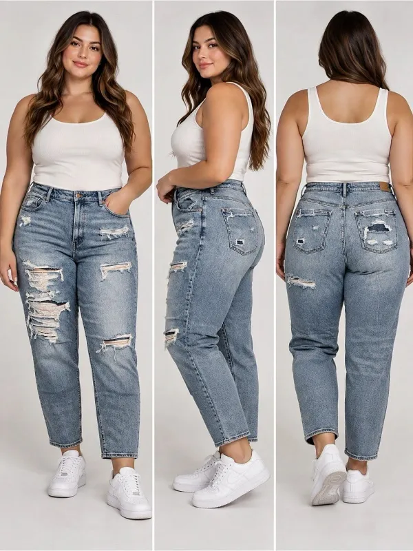American Eagle Mom Jean Size 16 Regular High Rise Distressed Ripped Light Wash - Image 2