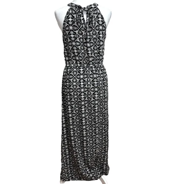 Maxi Dress Womens L Black‎ White Boho Chic Global-Print Tribal Halter Flowy - Image 3