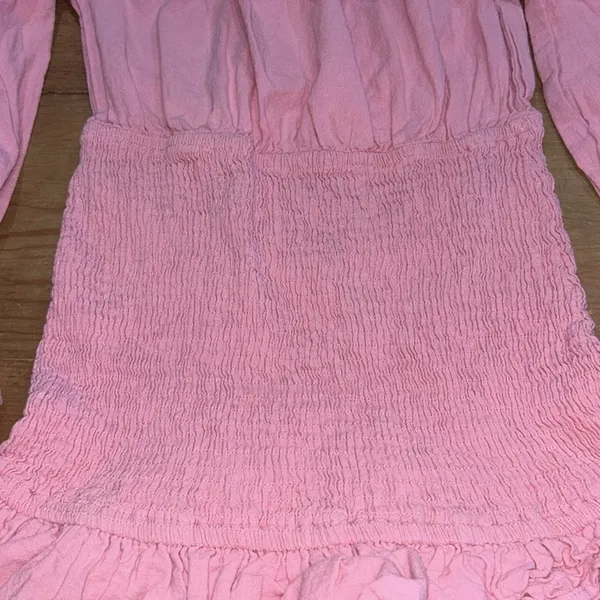 Woman’s Petal & Pup Pink Off-the-Shoulder Smocked Ruffle Mini Dress Size Medium - Image 4