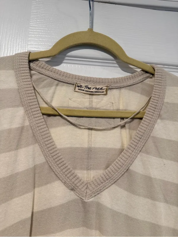 NWOT Free People We The Free Size M Tan Cream Striped Thermal Knit V Neck Top - Image 2