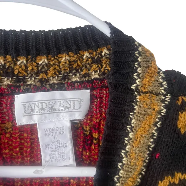 Lands' End Women's Medium Chunky Knit Black‎ Geometric Pattern Crew Neck Sweater - Image 4
