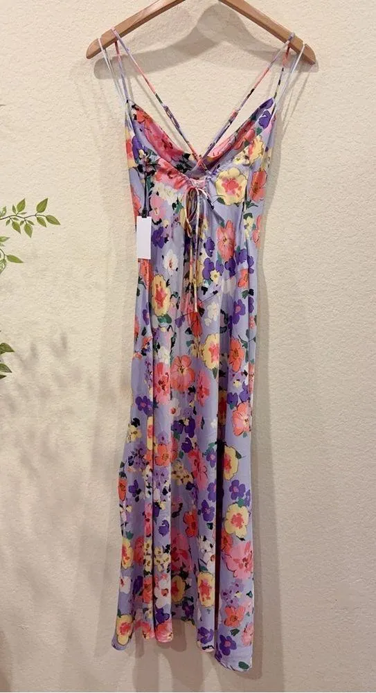 ASTR Gaia Draped Collar Satin Midi Dress in Periwinkle Floral Size Small NWT - Image 8