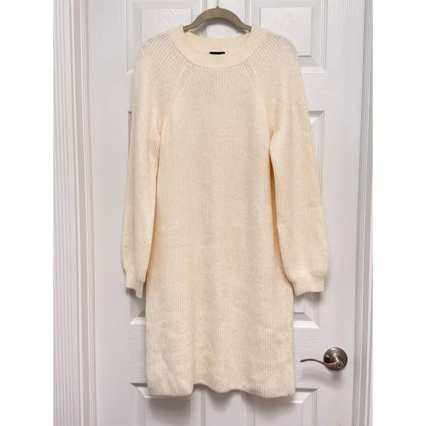 Ann Taylor Cream Ribbed Sweater Dress Raglan Balloon Sleeve Midi Ivory Size M - Image 3
