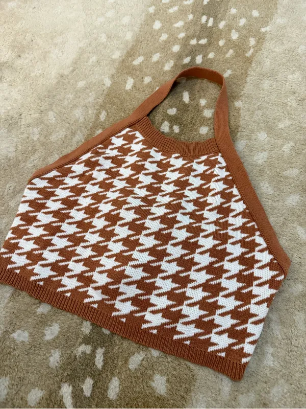 Vestique Brown & Cream Houndstooth Knit Halter Top Size Large - Image 3