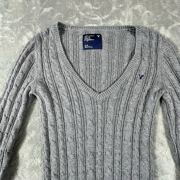 Y2K American Eagle V Neck Fitted Cable Knit Sweater Women Medium Gray Preppy - Image 2
