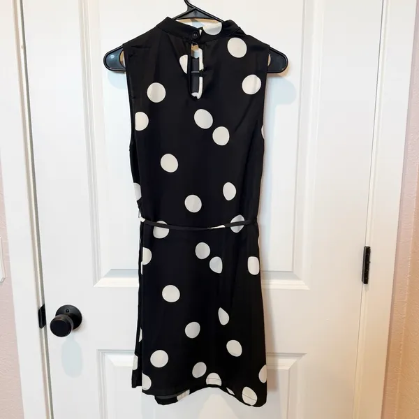 ModCloth Womens Polka Dot Fit & Flare Dress Medium Mock Neck Tie Retro‎ Parisian - Image 3