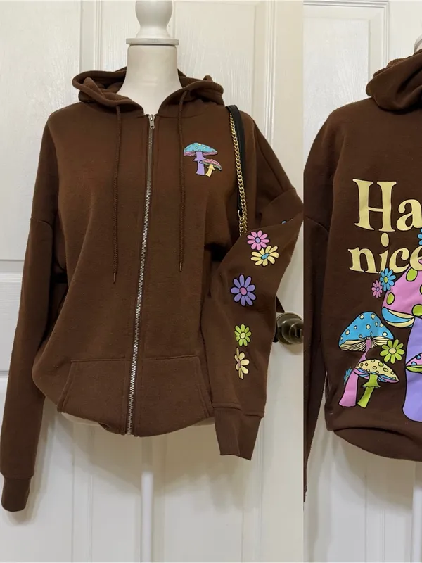 2000s style whimsical brown graphic oversized zip up hoodie w mushroom graphic - Image 2
