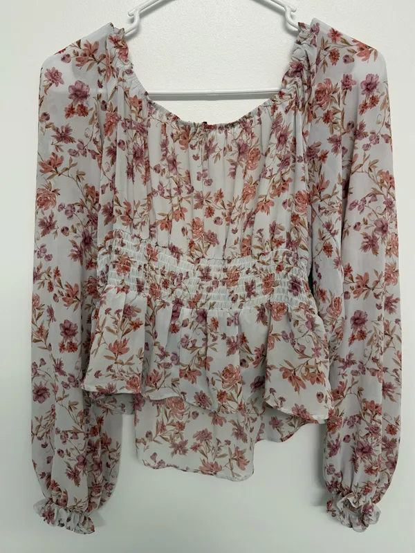 Floral Ruched Peplum Blouse - Dusty Rose on Ivory - Image 4