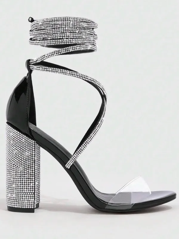 CUCCOO SZL Womans Embellished Silver Ankle Wrap Block Heel Sandals - Image 3