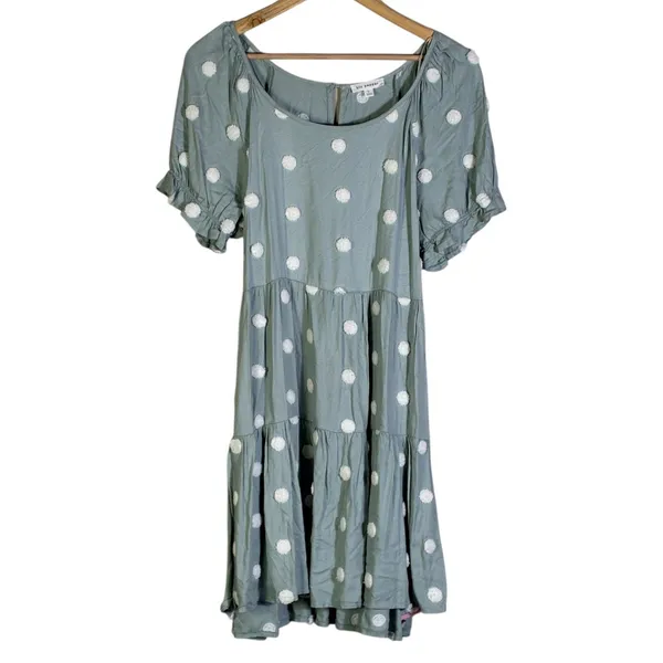 Blu Pepper Womens Babydoll Polka Dot Tiered Dress Size L Sage Green Cottagecore - Image 2