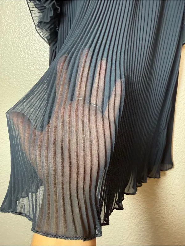 Anthropologie Pleated Sheer Chiffon Ruffle‎ Mock Neck Blouse Slate Blue Size M - Image 7
