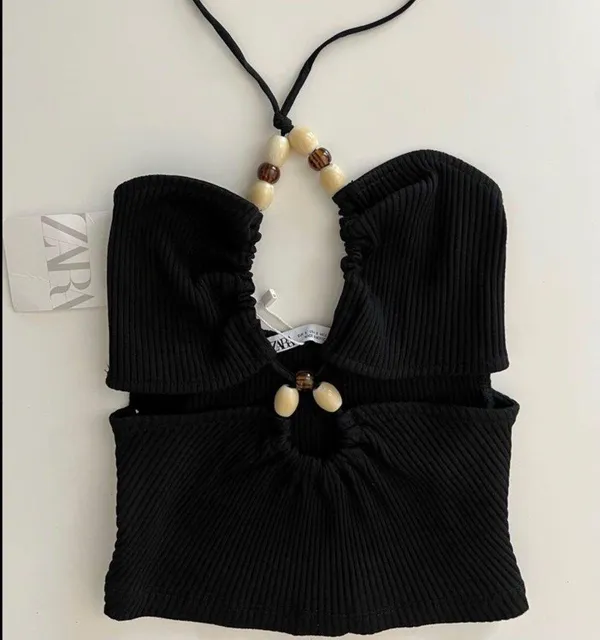 ZARA Black Ribbed Cut Out Crop Top With Beads - Image 11