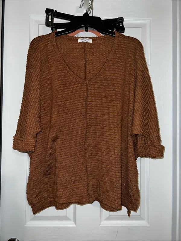 Zenana Outfitters V-Neck Waffle Knit Sweater - Brown - Image 2