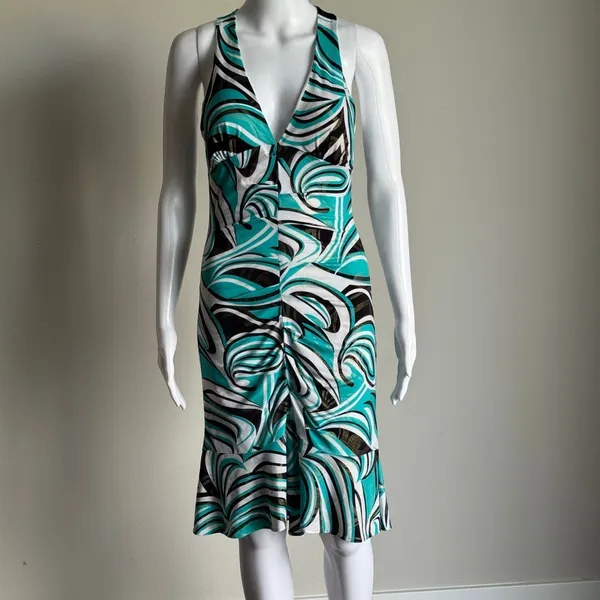 Vitnage Y2K Cache Swirl Print Micro Mesh Shimmer Ruched Dress - Image 2