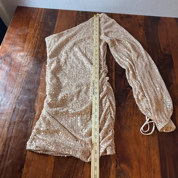 Champagne Gold Sequin One Shoulder Mini Dress Ruched‎ Balloon Sleeve Small - Image 7
