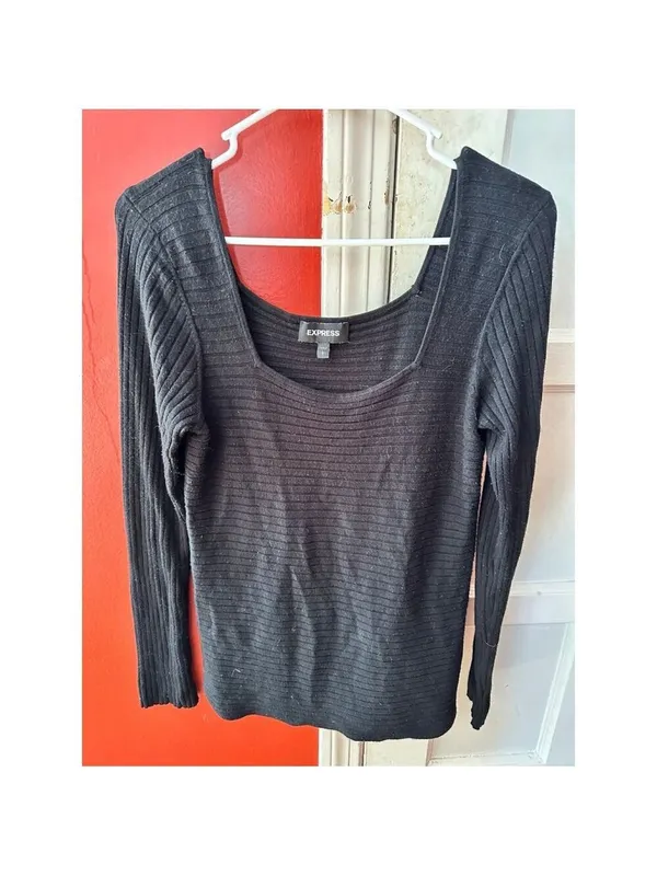 Express Black Ribbed Layering Scoopneck Stretch Long Sleeve Tee - Image 4