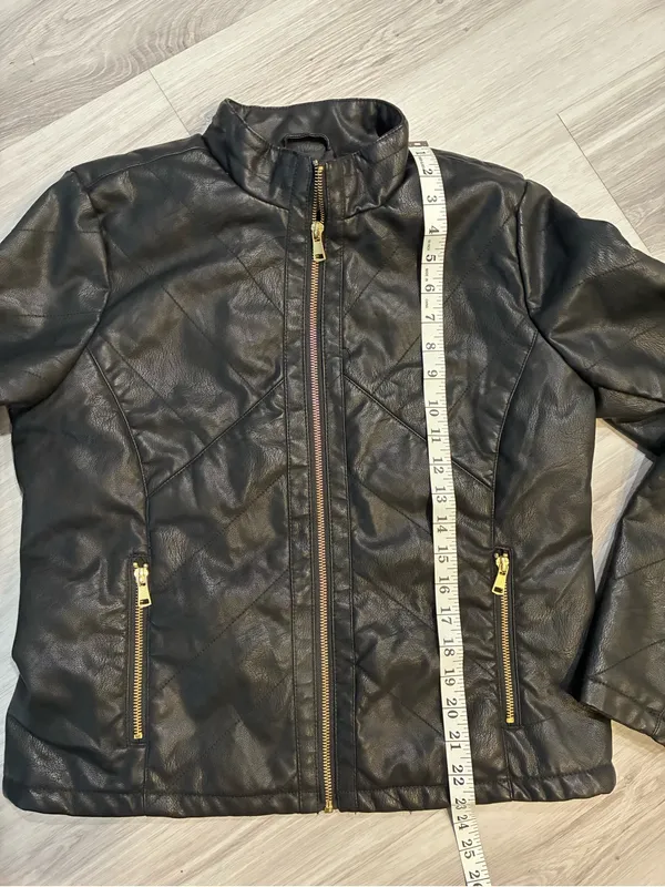 Black‎ Faux Leather Zip Jacket with Gold Hardware - Image 4