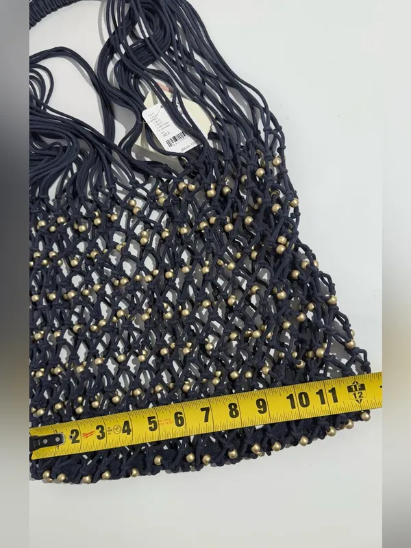 NWT Free People Navy Macramé Tote with Gold Bead Accents - Image 6
