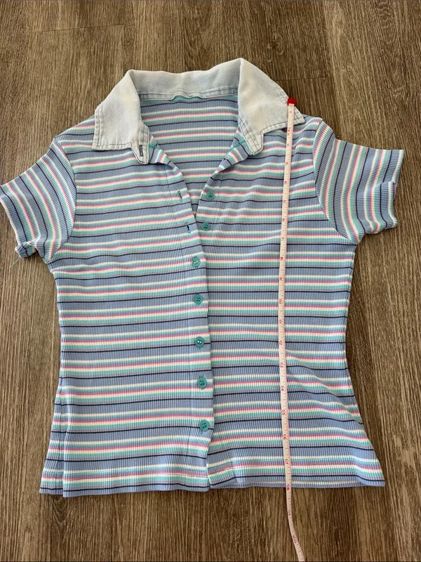 Vintage Y2K striped button front collared shirt sleeve top blue pink small - Image 10