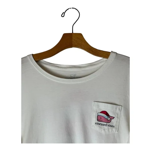 Vineyard Vines Shirt‎ Women Medium White Long Sleeve Christmas Whale Pocket Tee - Image 4