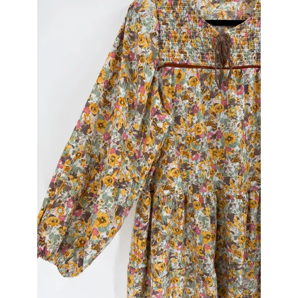 Goodnight Macaroon Mini Dress Women M Yellow Floral‎ Smocked Tiered Cottagecore - Image 2