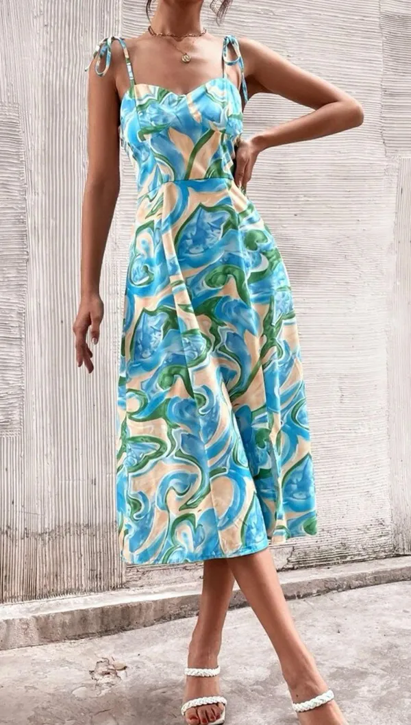 Blue ocean mermaid Floral cut slit thigh green new spaghetti dress small nwot floral vacation Hawaii maxi wedding Long Beach midi - Image 2