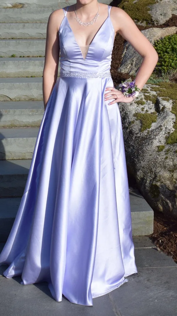 JJ's House Purple Satin A Line Open Corset Back Prom Dress - Image 2