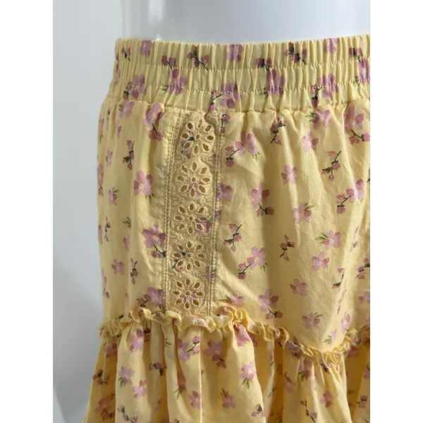 Aeropostale Womens Mini Skirt Size XS Yellow Floral Ruffle Tiered Eyelet Lace - Image 5
