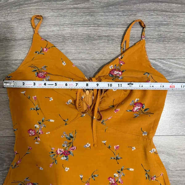 re:named Mustard Yellow Midi Dress Size M Floral Ruffle Sweetheart Keyhole Tie - Image 7
