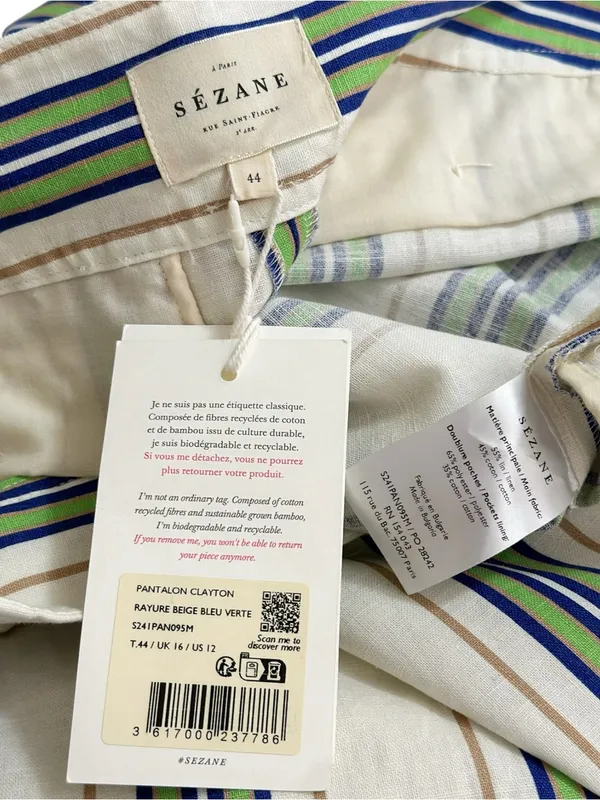 SÉZANE Clayton Linen Cotton Pants, Beige Blue Green Stripes, FR44/US12 - Image 8