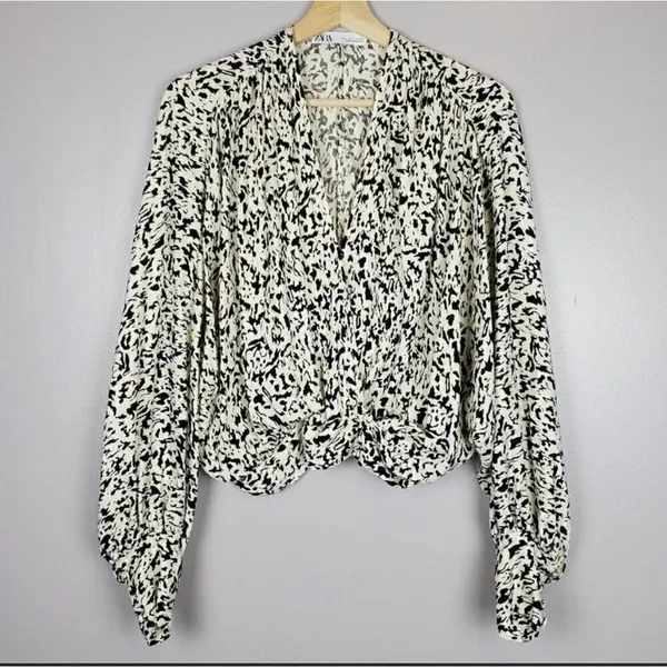 ZARA Wrap Balloon Sleeve Blouse Top XSMALL white black - Image 5