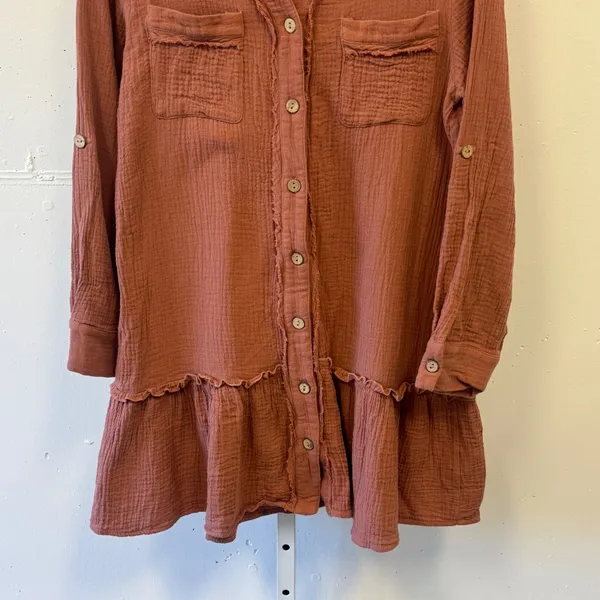Vanilla Bay Rust Cotton Gauze Button Down Oversized Tunic Mini Dress Sm Relaxed - Image 4
