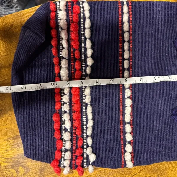 Vintage Arrowcraft shop earthy handwoven Stylish Navy Tote with Pom-Pom Details - Image 4