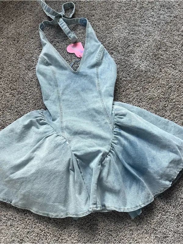 Sugar Thrillz Light Blue Denim Halter Poofy Coquette Mini Dress - Image 3