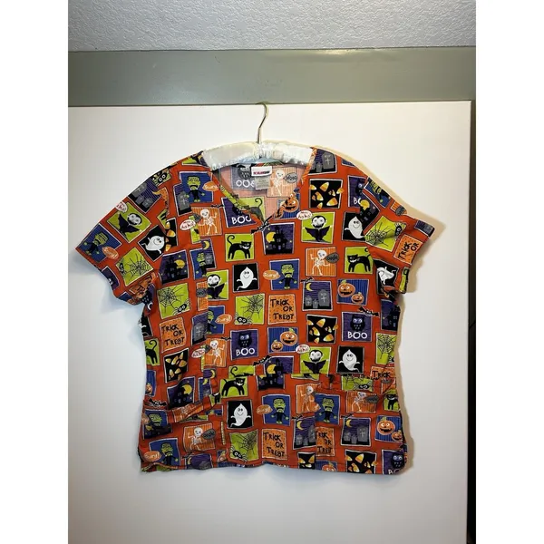ScrubStar Halloween Scrub Top XL Ghost Pumpkin Black Cat Nurse Cotton Fun - Image 3
