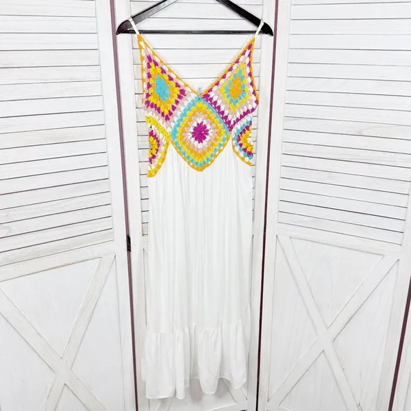 Raviya Crochet Bodice Top‎ Tiered Boho Midi Dress Cover Up White Multi Medium - Image 8