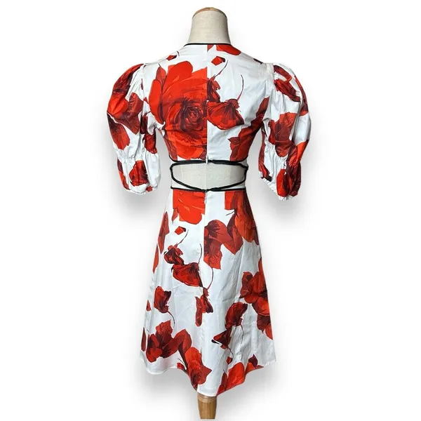 Autumn Adeigbo Mini Dress Womens 2 Gisele Red White‎ Floral Cutout Puff Sleeve - Image 3