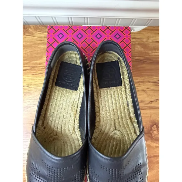 Tory Burch Black Perforated Logo Nappa Leather Espadrille Flats Size 6.5 - Image 5