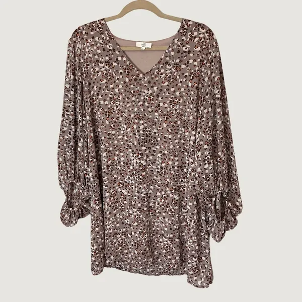 Entro Leopard Print Mini Dress Mauve Taupe V-Neck Balloon Sleeve D13289 Large - Image 2